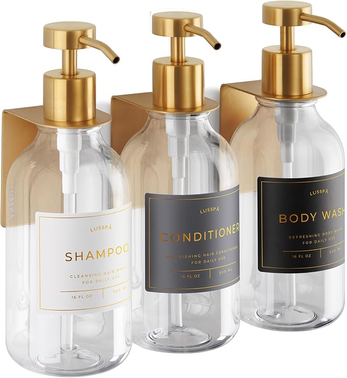 Shower Shampoo Dispenser Wall Mounted – 3 Refillable 16.9 oz Clear Bottles with Stainless Steel Pumps & No-Drill Adhesive Holders – Soap Dispenser Set for Bathroom (3 X Clear/Gold)