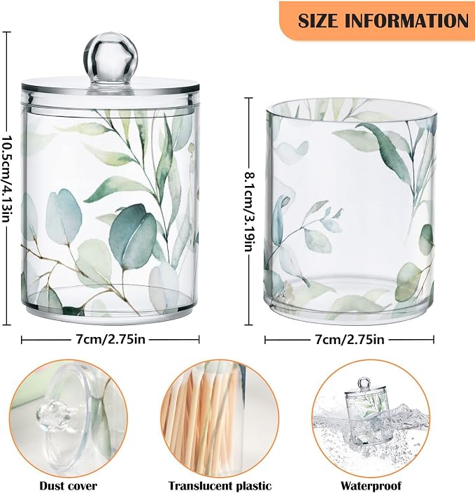 2 Pack Qtip Holder Dispenser for Cotton Ball Watercolor Green Eucalyptus Leaves Cotton Swab Round Pads Clear Plastic Acrylic Jar Set Bathroom Canister