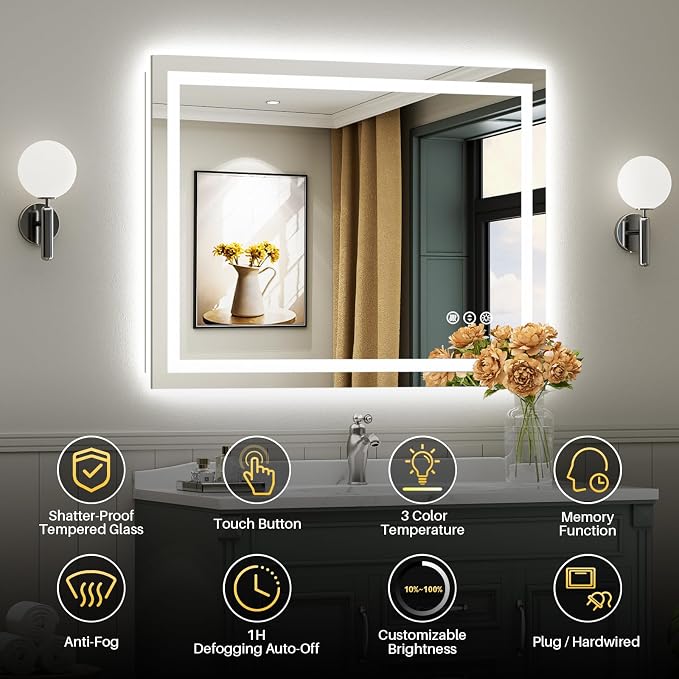 Briivue 44x36 Inch LED Bathroom Mirror with Lights, Backlit & Front Lit | Anti-fog, 3 Color Dimmable, Memory Function, HD Reflection Tempered Glass, ETL Listed, IP54 Waterproof