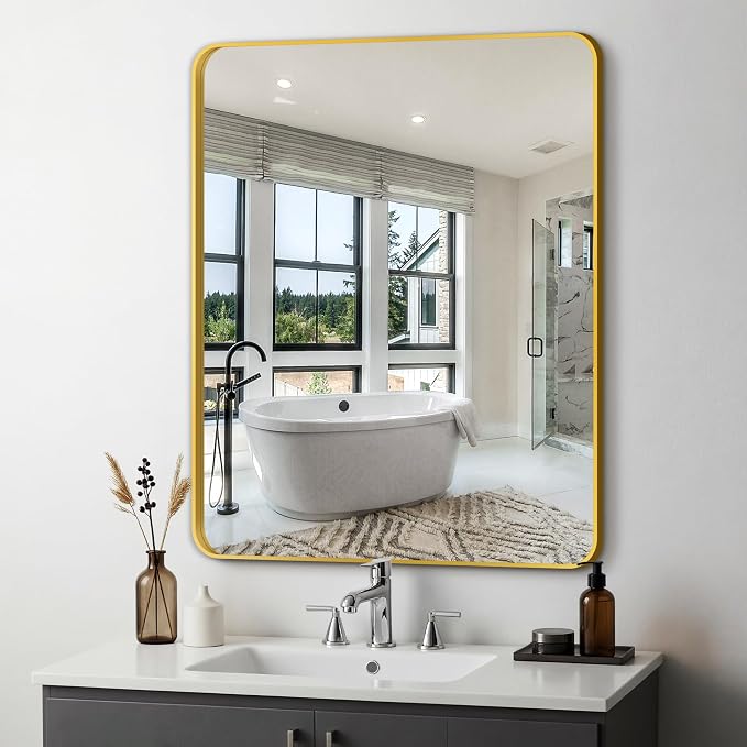 Delma Bathroom Vanity Mirror, Gold Framed Mirror for Over Sink, 36x30 | HD glass, distortion-free for makeup and grooming, Sturdy frame, all mounting hardware, hangs horizontal or vertical