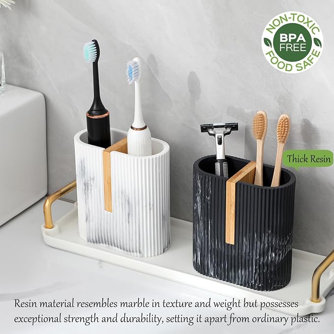 rejomiik Toothbrush Holders Electric Toothbrush Holder for Bathrooms, Bamboo Tooth Brushing and Toothpaste Storage Organizer for Sink, Countertop, Marble Black