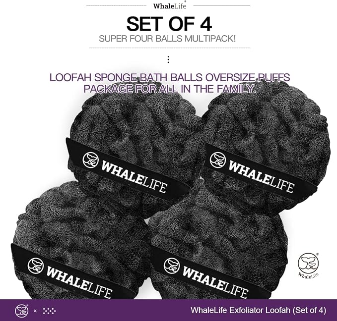 Loofah Sponge Bath Sponge for Women Men 4 Pack (Black Rough Surface) | 10X Suds Save Body Wash Double Knotted Anti Tear Core Fast Dry Cotton Loop Stay Fresh Large Mesh for Sensitive Skin