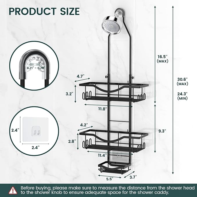 REINHARDT Adjustable Shower Caddy Hanging Rustproof Shower Organizer, Black | Extra Long, No Drilling, Anti-Slip, Shower Caddy Over Showerhead, Fast Draining, Soap Holder, 12 Hooks, Bathroom Accessories