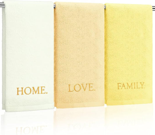 3 Pcs Hand Towels Bathroom Set,Yellow,Home Love Family | Embroidered Cotton Farmhouse Towels, Kitchen Decor, Rustic Boho Decorative with Text Labels, Guest Bath Home