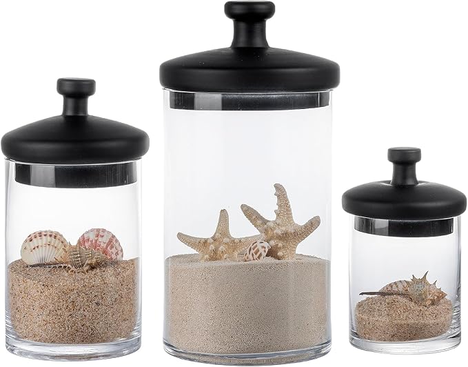 MyGift Glass Apothecary Jars with Black Lids, Set of 3 Storage Canisters | Decorative glass apothecary jars with black lids provide stylish storage for kitchens, bathrooms, candy buffets, and events