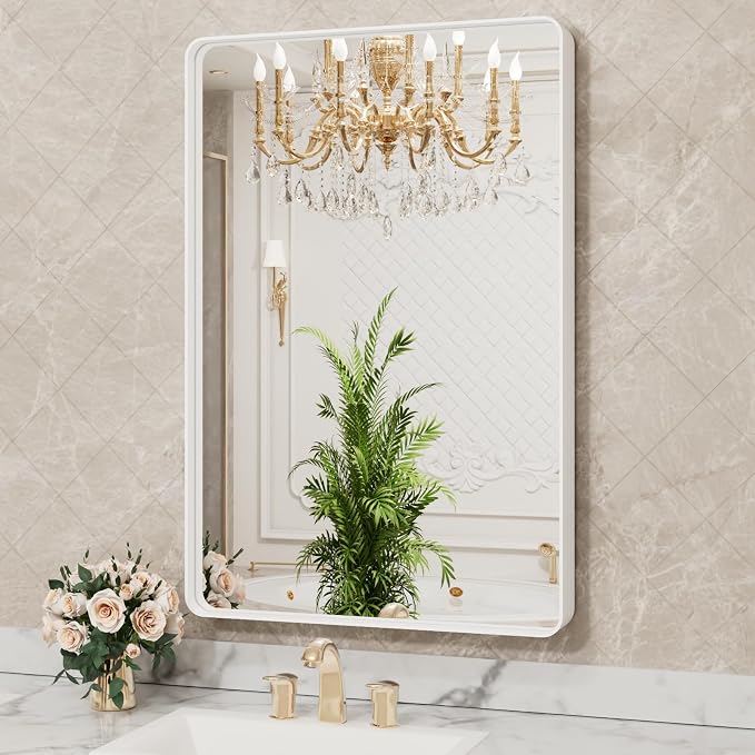 LOAAO 24x32 Inch White Metal Framed Bathroom Mirror | Rounded Rectangle Mirror, Anti-Rust, Hangs Horizontally or Vertically
