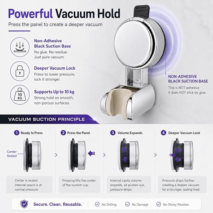 Suction Shower Head Holder, No Drill Handheld Shower Holder Wall Mount Adjustable Shower Wand Bracket with Vacuum Suction Cup Chrome, Removable Shower Head Holder for Smooth Wall