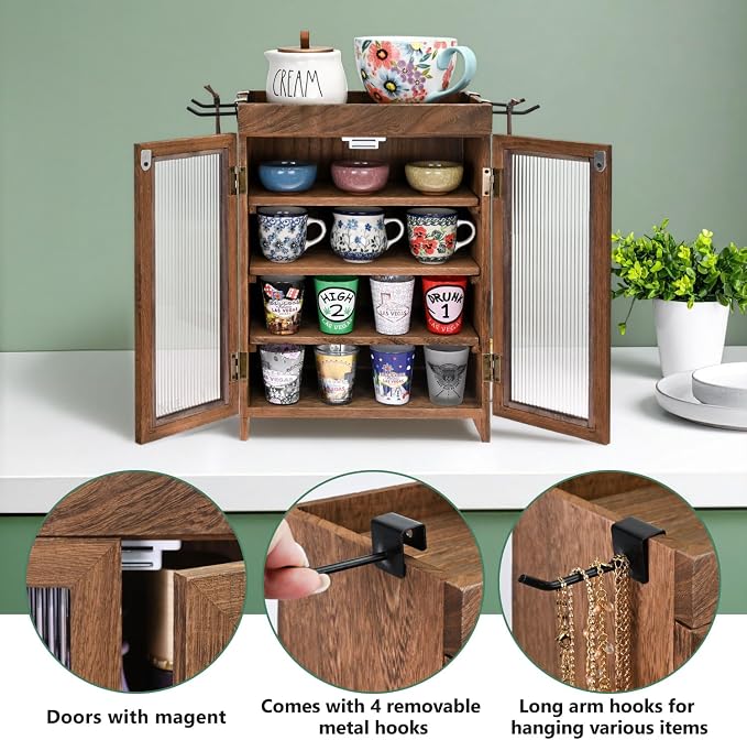 Ikee Design Wooden Countertop Storage Cabinet with Wavy Magnetic Door, Adjustable Shelves, Removable Hooks. Perfect for Perfume, Figurines, and Coffee Cups, Brown Color, 10.4 W x 6.1 D x 14.4 H in