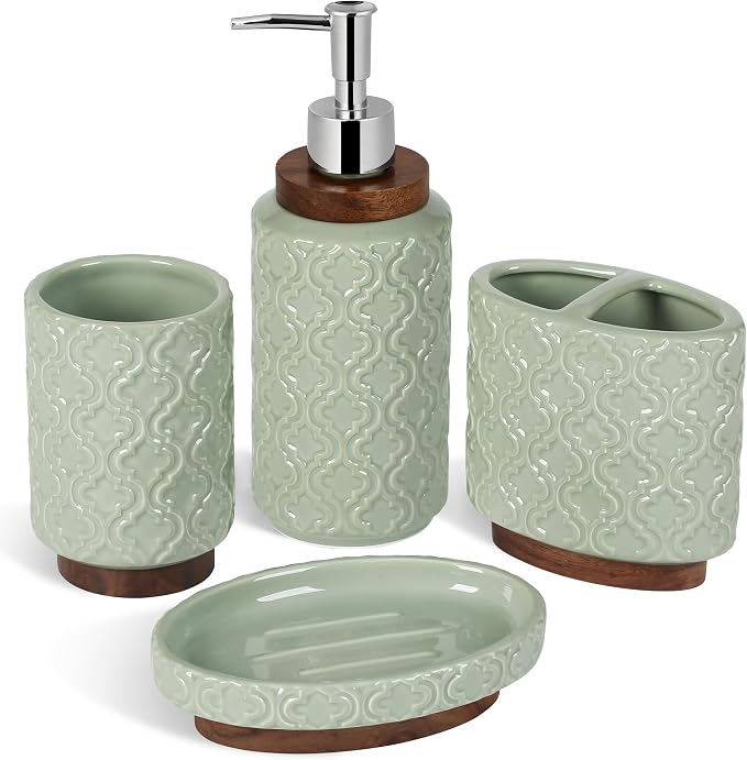 RQYIXI Ceramic 4-Piece Bathroom Accessories Set,Sage Green | Countertop Essentials Embossed Textured Design Solid Wood Non-Slip Detail Sage Green Finish