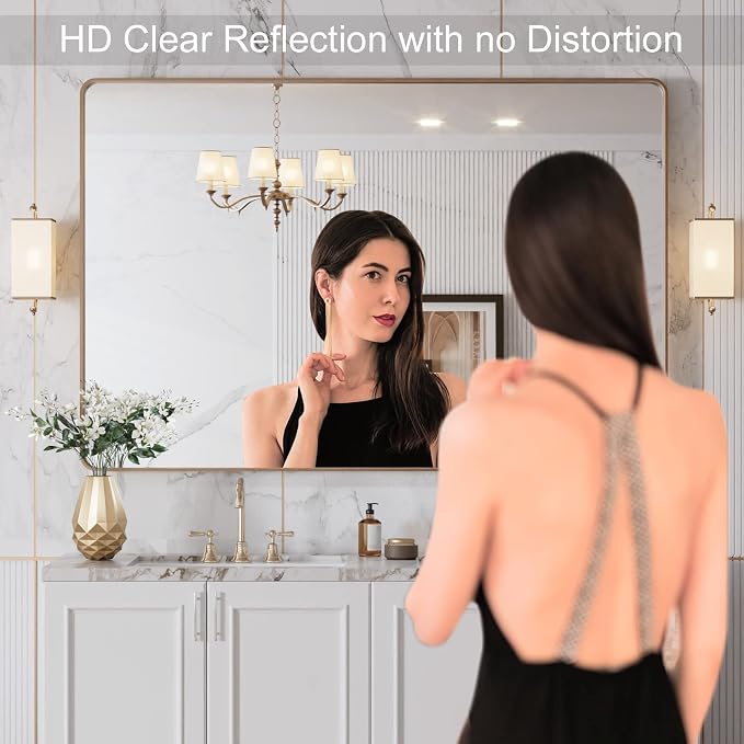 LOAAO 48"X32" Gold Bathroom Mirror | Rounded Rectangle, Brushed Gold Frame, Wall-Mounted, Anti-Rust, Tempered Glass, Hangs Horizontally or Vertically