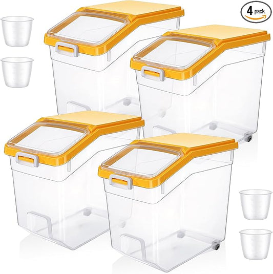 4 Pcs Rice Storage Container 38 lb Flour Container with Wheels Measuring Cup Clear Pet Food Bin Dog Bird Cat Food Bin Grain Cereal Organizer Box for Dry Baking Supplies(Yellow Lid)