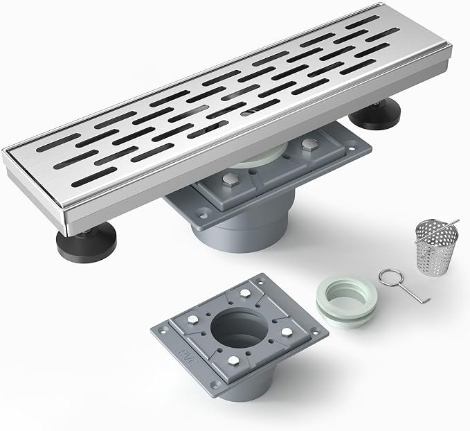 EMBATHER 12 Inches Shower Drain with Removable Strainers,PVC Shower Drain Base for Bathroom Floor Drain,Brushed Nickel Stainless Finished