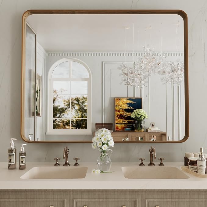 LOAAO 40X24 Inch Bathroom Mirror with Wood Grain Colored Metal Frame | Rounded Rectangle Metal Framed, Anti-Rust, Hangs Horizontally or Vertically
