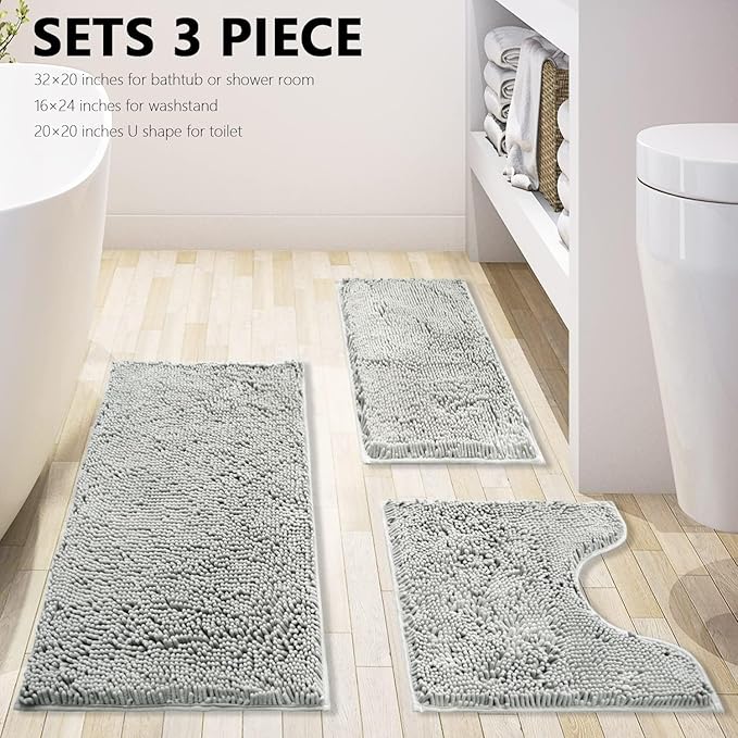 BOANKODU 3 Piece Bathroom Rugs Set, Extra Soft & Shag Chenille Bath Mat, Non-Slip PVC Backing, Machine Washable Absorbent Bath Mats for Bathroom, Toilet Rug, Home Decor (Light Grey)