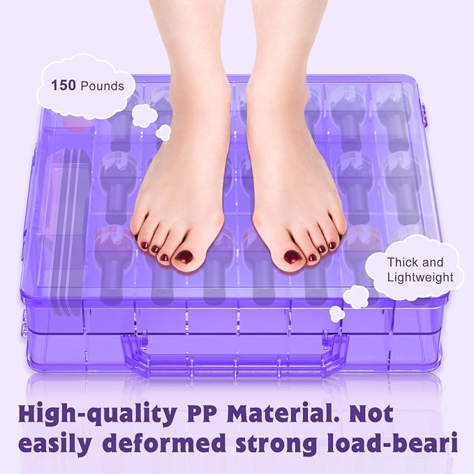 SUBAY 2 Pcs Portable Nail Polish Organizer, Clear Double Side Nail Polish Holder,Gel Nail Storage for 48 Bottles with 6 Adjustable Dividers in Each Side Space Saver Purple