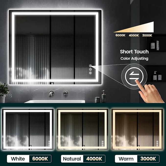 Memobarco 32" x 40" LED Bathroom Mirror with Lights, Memory Vanity Mirror | Anti-Fog, 3 Color Modes, Dimmable, Front Lit, Memory Function, Tempered Glass, Lighted Bathroom Mirror for Wall