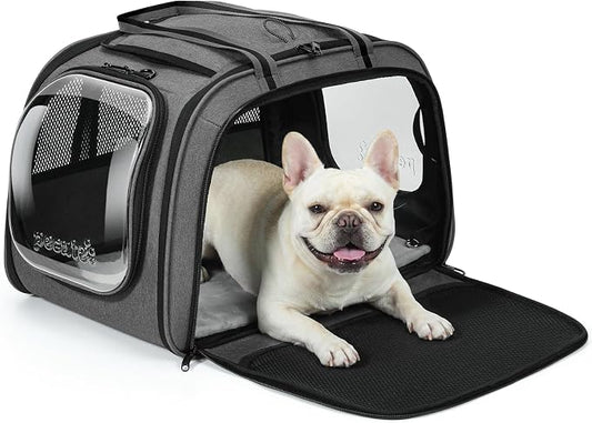 Pecute Cat Carrier with Bubble Window & Sunshade for Dogs Cats, Gray XL | Dual bubble windows & top sunshade, 70% more airflow mesh, Impact-resistant stable frame, Locking zippers, Fits up to 20 lbs