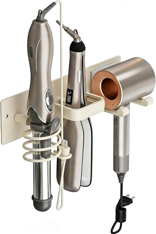 3-in-1 Wall Mount Hair Tool Organizer Hair Dryer Holder, White | Universal storage rack for blow dryer, curling iron and flat iron in bathroom