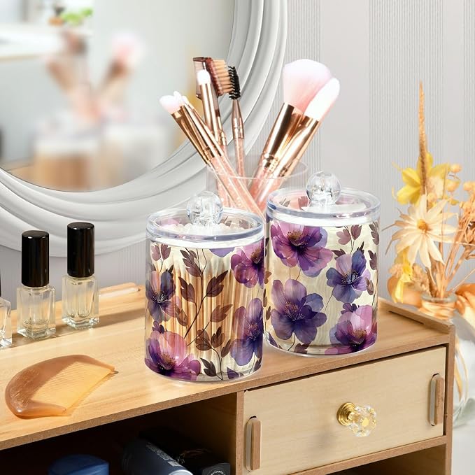 ALAZA 4 Pack Qtip Holder Dispenser Purple Tulip Flower Beige Cotton Ball Cotton Swab Round Pads Floss Clear Bathroom Storage Containers Plastic Apothecary Jars with Lids