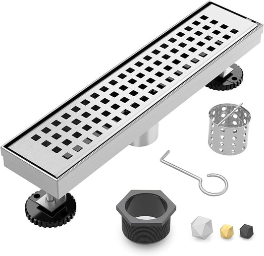 Linear Shower Drain | 18 Inch AISI 304 Stainless Steel Shower Drain, Brushed Nickel Linear Drain with Removable Quadrato Grate Cover & Adjustable Feet, Rectangle Floor Drain, in Bathroom Balcony etc