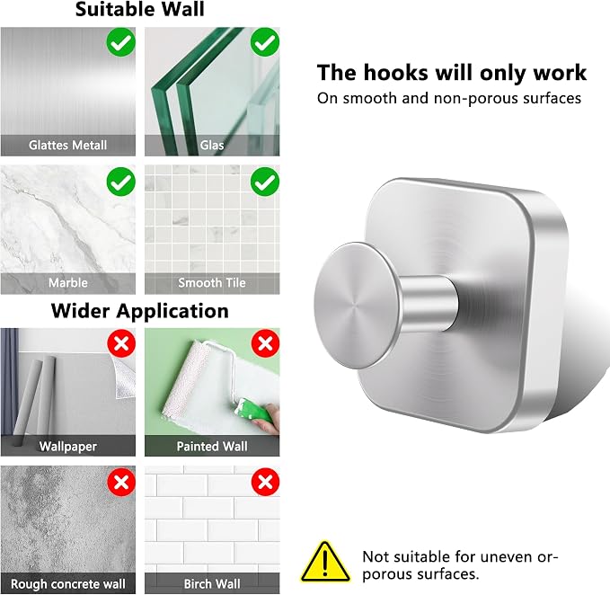 Aikzik Adhesive Hooks for Shower, Heavy Duty Replaceable Sticky Large Wall Towel Hooks for Hanging Towel, Robe, Coat, Stainless Steel Hook for Bathroom and Door, Waterproof & Rustproof - 2 Pack,Silver