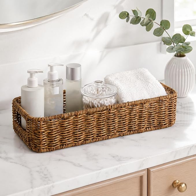 ZAVOOS Toilet Tank Basket, 2 Pack, Handwoven Built-in Handle | Rectangular Wicker Shelf Baskets for Organizing, Countertop Storage Bin for Bathroom Tank Top, Bedroom Closet