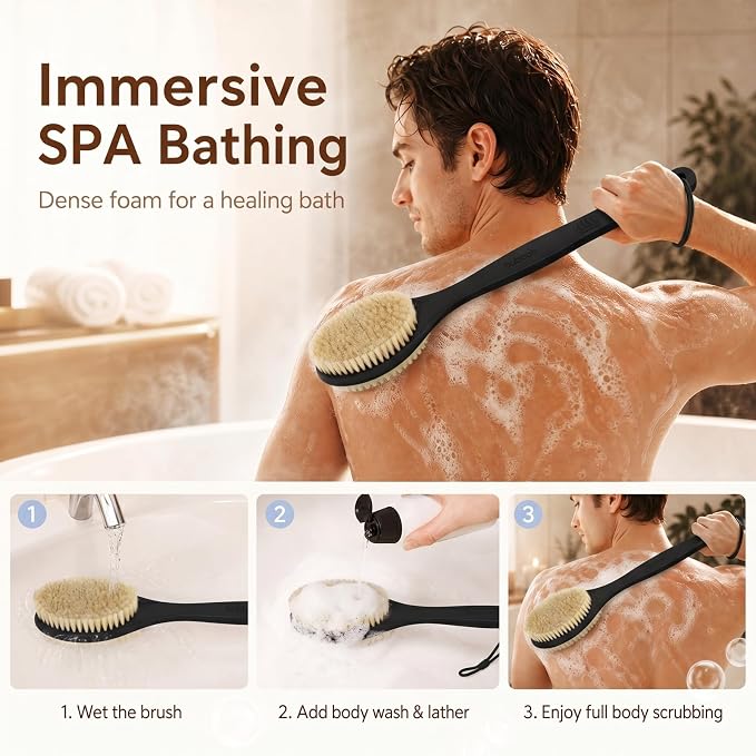 Back Scrubber for Shower with Long Handle, Exfoliating for Body,Black | Double Sided Bristles (Stiff & Soft), Anti-Slip Grip, Lightweight - Gift for Seniors, Includes Lanyard & Hook