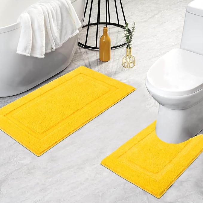 SHACOS Soft Microfiber Bathroom Rugs Set 2 Pieces with Toilet Rug | Absorbent Plush Bath Mat U Shaped Contour Bath Rug, Non Slip Washable Fluffy Bathroom Floor Mats, 32x20+24x20, Yellow
