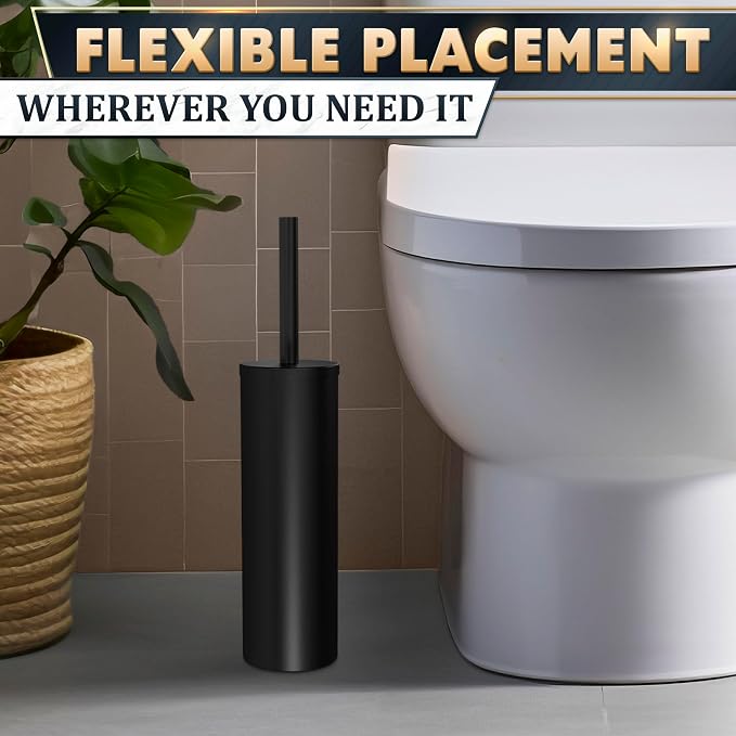 Matte Black Toilet Brush and Holder Set - Stainless Steel Toilet Brush with Holder, Removable Inner Bowl, Replaceable Head, Anti-Splash Guard and Flexible Bristles for Effective Bathroom Cleaning