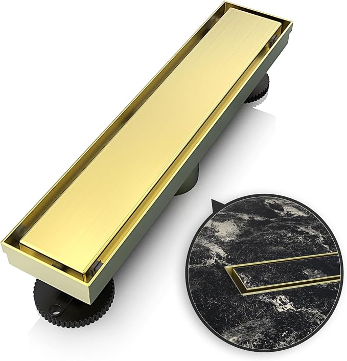 WEBANG 12 Inch Linear Shower Drain Rectangular Floor Drain with Accessories Reversible 2-in-1 Cover Tile Insert Grate Removable SUS304 Stainless Steel CUPC Certified Brushed Gold