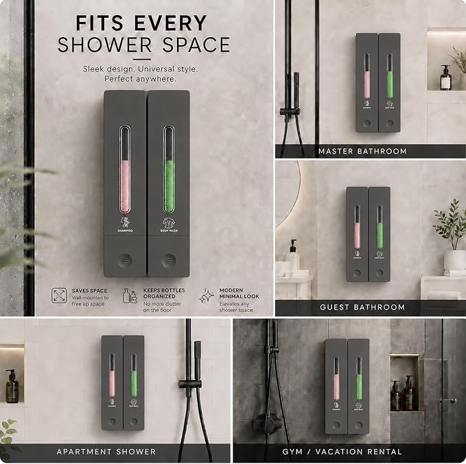 Shampoo and Conditioner Dispenser - Wall-Mounted 3-Chamber Shower Soap Dispenser, No-Drill, 1200ML Capacity, for Bathroom & Hotel