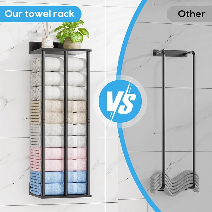 Towel Racks for Bathroom Wall Mounted with Wooden Storage Shelf | Updated 3 Bar Metal Towel Holder for Rolled Towels, Black Sturdy and Large Capacity, Towel Storage Organizer