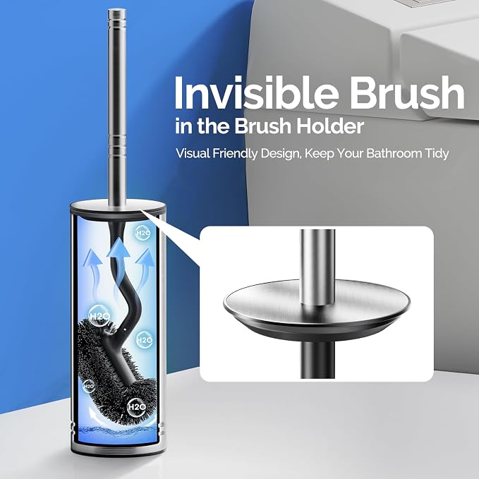 HAMITOR Toilet Brush and Holder Set: 304 Stainless Steel Rustproof Toilet Scrubber with Under Rim Deep Cleaning Curved Bristle - Bathroom Cleaner Brush for Renters Homeowners Family Silver 2 Pack