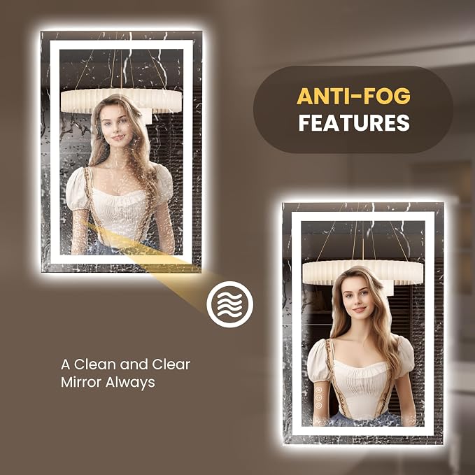 LOAAO 23.6"x35.4" LED Bathroom Mirror with Lights, UL Listed | Anti-Fog, Dimmable, 3 Color Temperature, Backlit + Front Lit, Memory Function, Tempered Glass