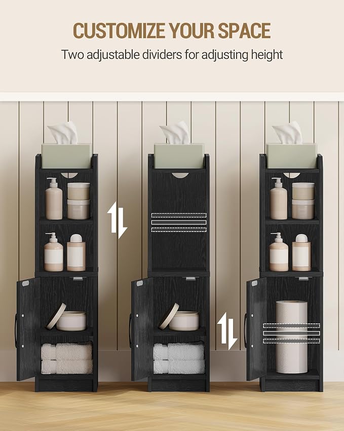 Hzuaneri Bathroom Storage Cabinet, Small Farmhouse Corner Floor Cabinet with Door and Shelves, Narrow Toilet Paper Holder Stand, Bathroom Organizer with Adjustable Shelf, for Small Spaces, Black