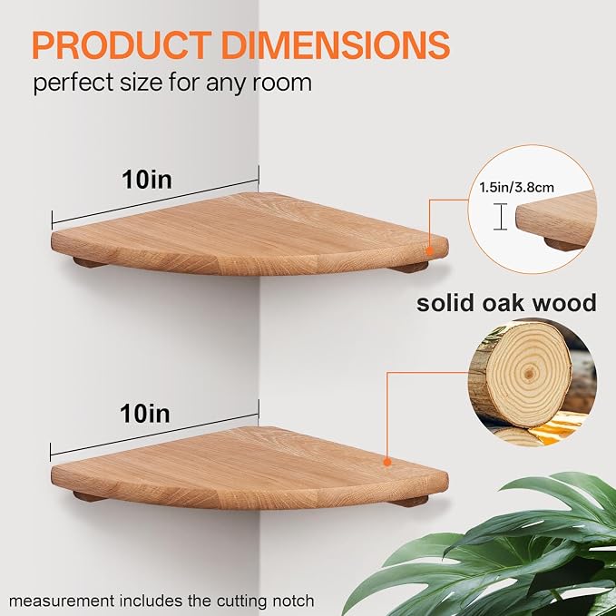 Gieanoo Floating Corner Shelves for Wall Set 2 10inch Solid Oak Rounded Corner Shelves Wall Mounted with Cable Hole Wood Corner Hanging Shelves for Living Room Bedroom Bathroom Kitchen