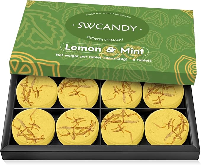 SWCANDY Lemon & Mint Shower Steamers 8 Pack, Home Spa Self Care | Crisp citrus-mint aromatherapy with natural essential oils shower gift for women, men, wife & husband.