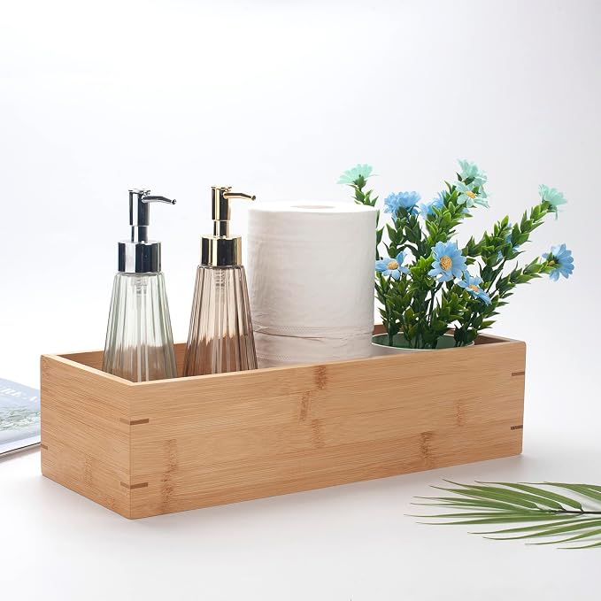 3Pcs Bamboo Bathroom Basket, Wood Bathroom Organizer, Wooden Basket Tray for Counter Toilet Tank Top, Home Decor Wood Box for Toilet Paper Storage