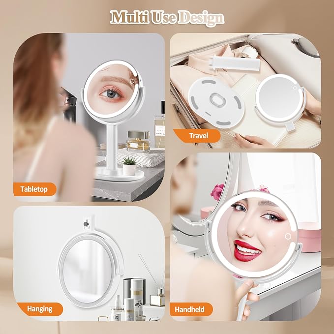 MOMOKUBA Makeup Mirror with Lights, 20X Magnifying Mirrors, Height Adjustable, Vanity Mirror with Lights Rechargeable 3 Color Modes, Double-Sided Detachable Travel Mirrors, Gift for Women, White