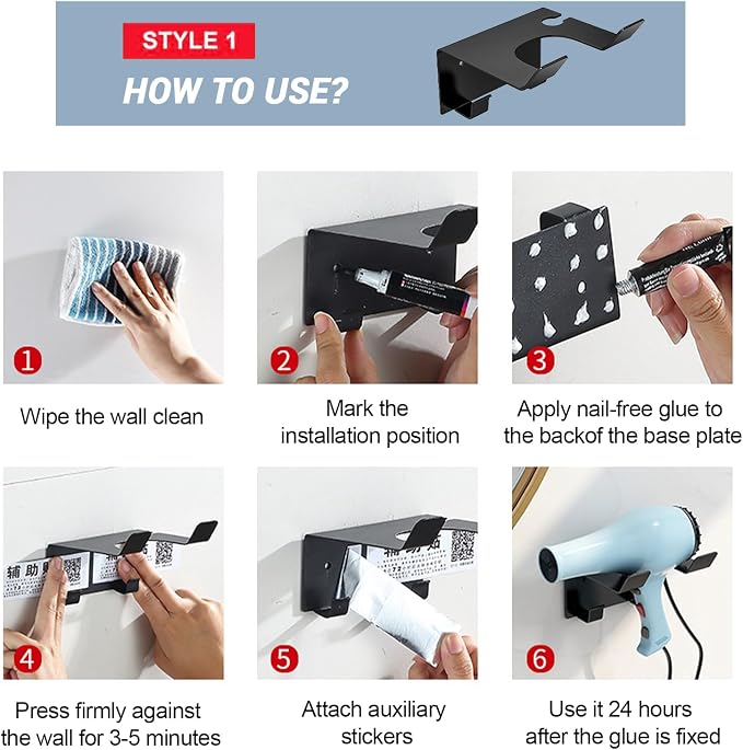 Hair Dryer Holder Wall Mount, Stainless Steel Blow Dryer Holder for Bathroom, Rustproof Hair Dryer Organizer Fits 2.3" Diameter, Easy Wall Installation (Black)