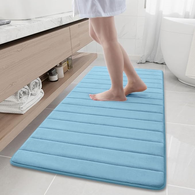 Buganda Memory Foam Bath Mat 60 x 24, Ultra Soft Absorbent Bathroom Rugs | Blue, Machine Washable Quick Dry Bath Mats for Bathroom Floor, Shower and Tub, Home Decor Accessories
