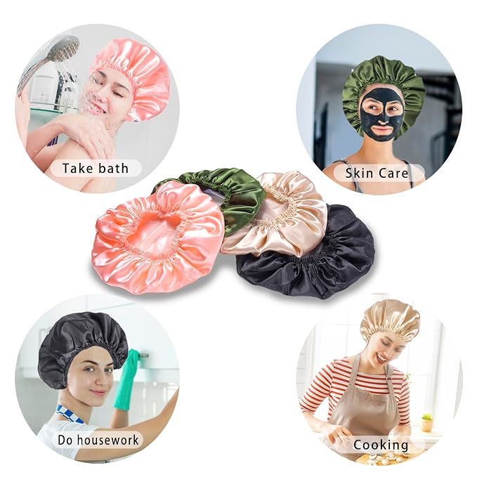 Shower Caps for Women, 4 PCS Reusable Waterproof Bath Cap | Double Layer, Washable, Wide Elastic Band, Holds Long Hair, Caps for Bath Accessories, Spa, Travel Home - Solid Color B
