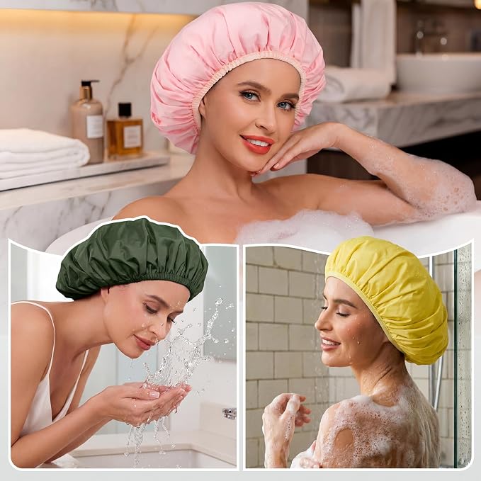 3Pcs Waterproof Shower Cap for Women Reusable, Bath Cap for Long Hair, Comfortable Shower Hat for Thick Curly Hair