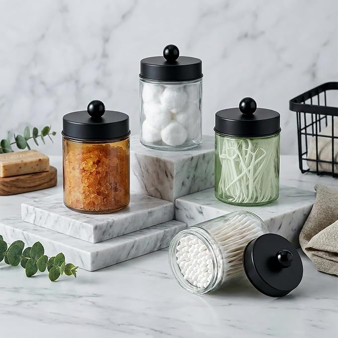 Amolliar 2Pc Glass Qtip Dispenser Holder Bathroom Vanity Storage Organizer Set -Countertop Canister with Metal Lids &Stickers Apothecary Jars for Cotton Swab, Floss Picks(Amber-black Lid)