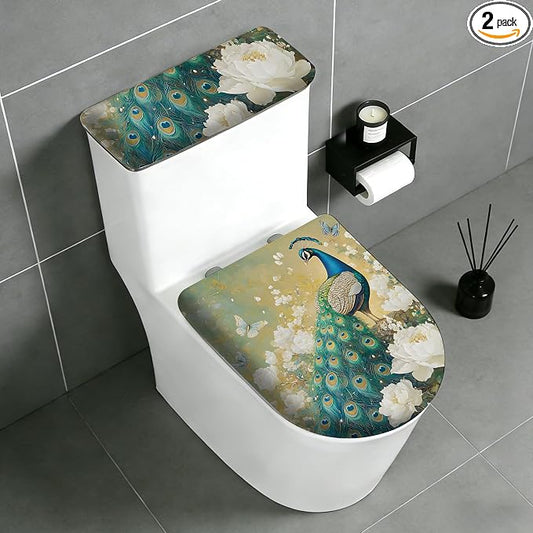 2 pack Toilet Lid Cover & Tank Lid Cover,Fits Standard & Elongated Toilet | Soft Stretchable Fabric,Machine Washable,Decorative Bathroom Protective Covers
