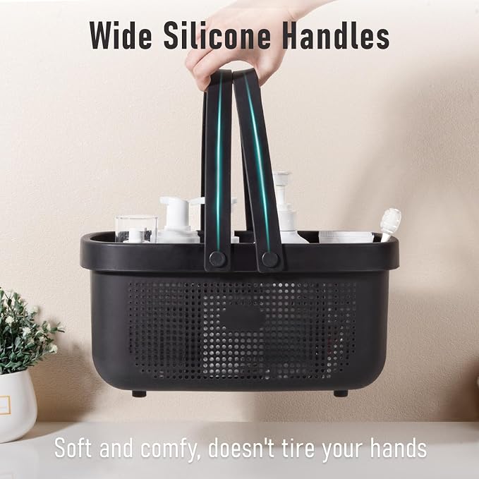JiatuA Plastic Storage Basket with Handle Portable Shower Caddy Tote Organizer Basket Bin for Bathroom Kitchen Dorm Room Bedroom, Black