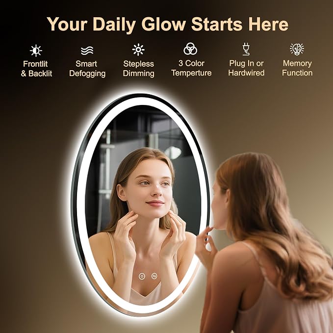 Oval LED Mirror for Bathroom,22x32 Lighted Vanity Mirror with Lights | Smart Anti-Fog, Dimmable 3 Color Modes, Backlit+Frontlit, Memory Function, HD Tempered Glass,Touch Sensor,Horizontal/Vertical
