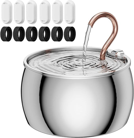 2.5L/84oz Gooseneck Cat Water Fountain Stainless Steel Ultra-Quiet | Kitty Spout Cat Fountain for Drinking, Pet Water Fountain for Cats Inside with 6 Replacement Filters & 6 Pre-Filter Sponges