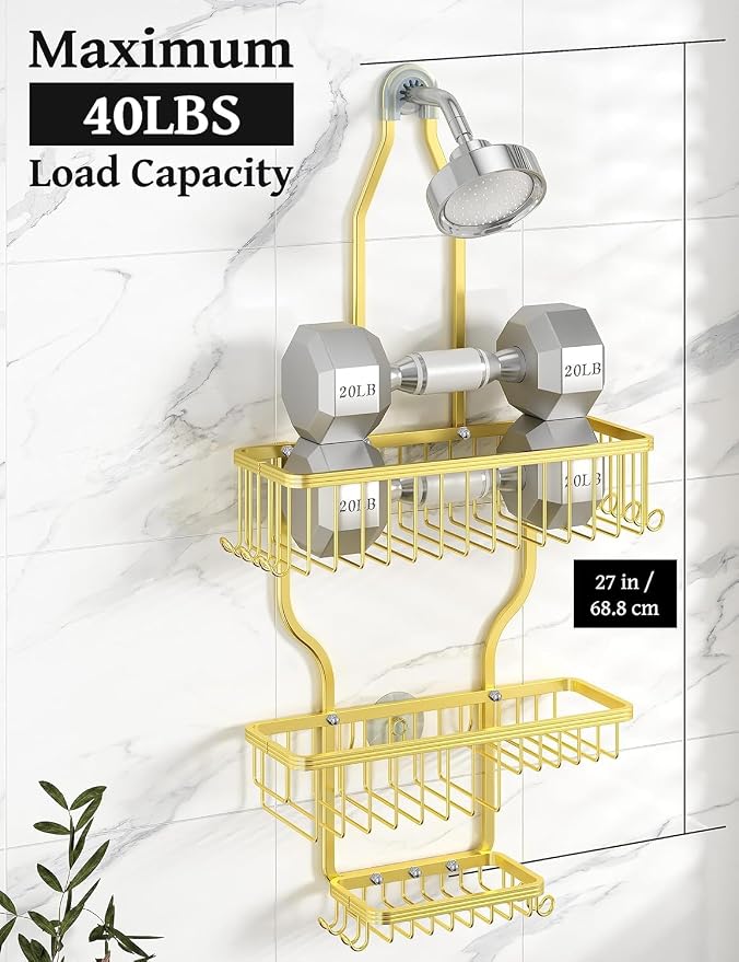 Never Rust Shower Caddy Hanging, Aluminum Shower Racks for Inside Shower, 3-Tier Shower Organizer Hanging Over Shower Head with Hooks and Soap Holder, Gold