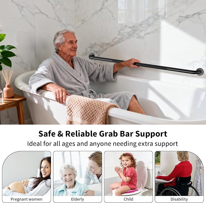 2 Pack 48 Inch Anti Slip Shower Grab Bar Handles, ZUEXT Black Stainless Steel Knurled Bathroom Balance Bar, Safety Hand Rail Support,Handicap Elderly Injury Senior Assist Bath Handle(1.25" Diameter)